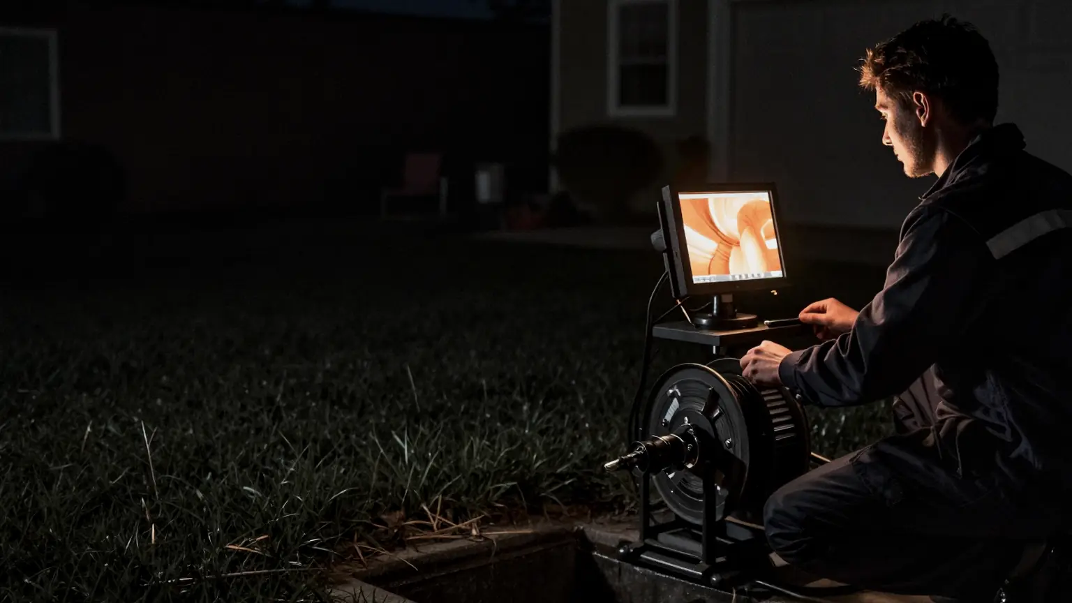 Drain technician operating sewer inspection camera equipment at night